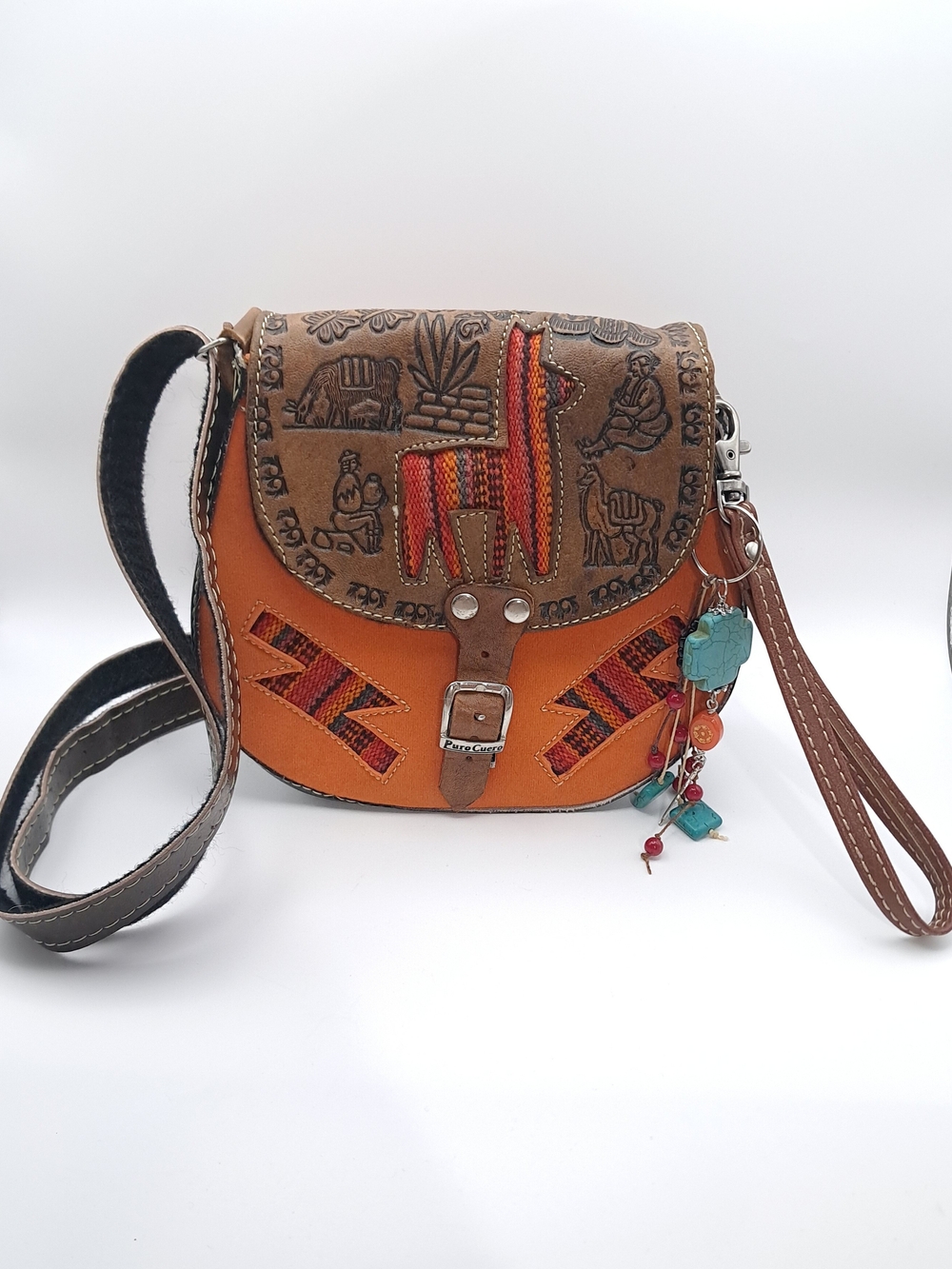 Puro Cuero Orange Velvet and Leather Embroidered Crossbody Bag Alpaca Wool Motif